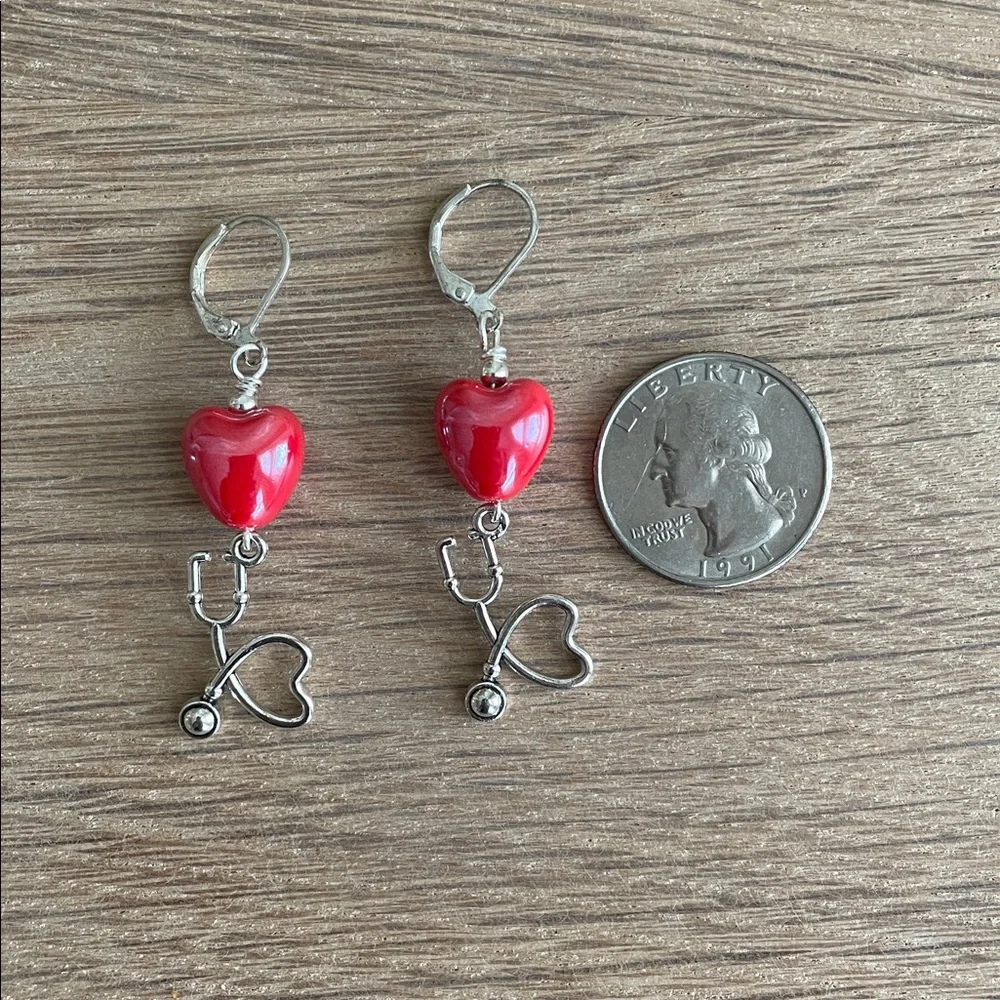 HAND CRAFTED STETHOSCOPE & RED HEART DANGLE EARRINGS  Nurse or Doctor Gift